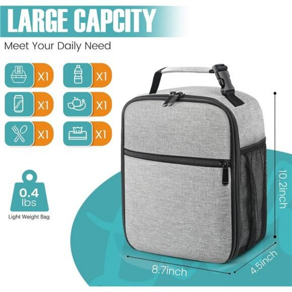 Insulated Lunch Bag Tote Reusable Waterproof Cooler Lunchbox for Work or Picnic - Picture 2 of 8